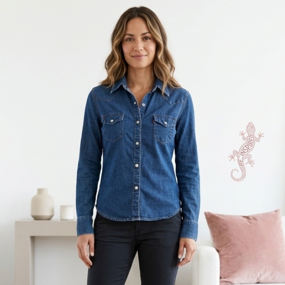 Levi Red Tab Denim Western Shirt Women S Blue Long Sleeve Snap Button Workwear